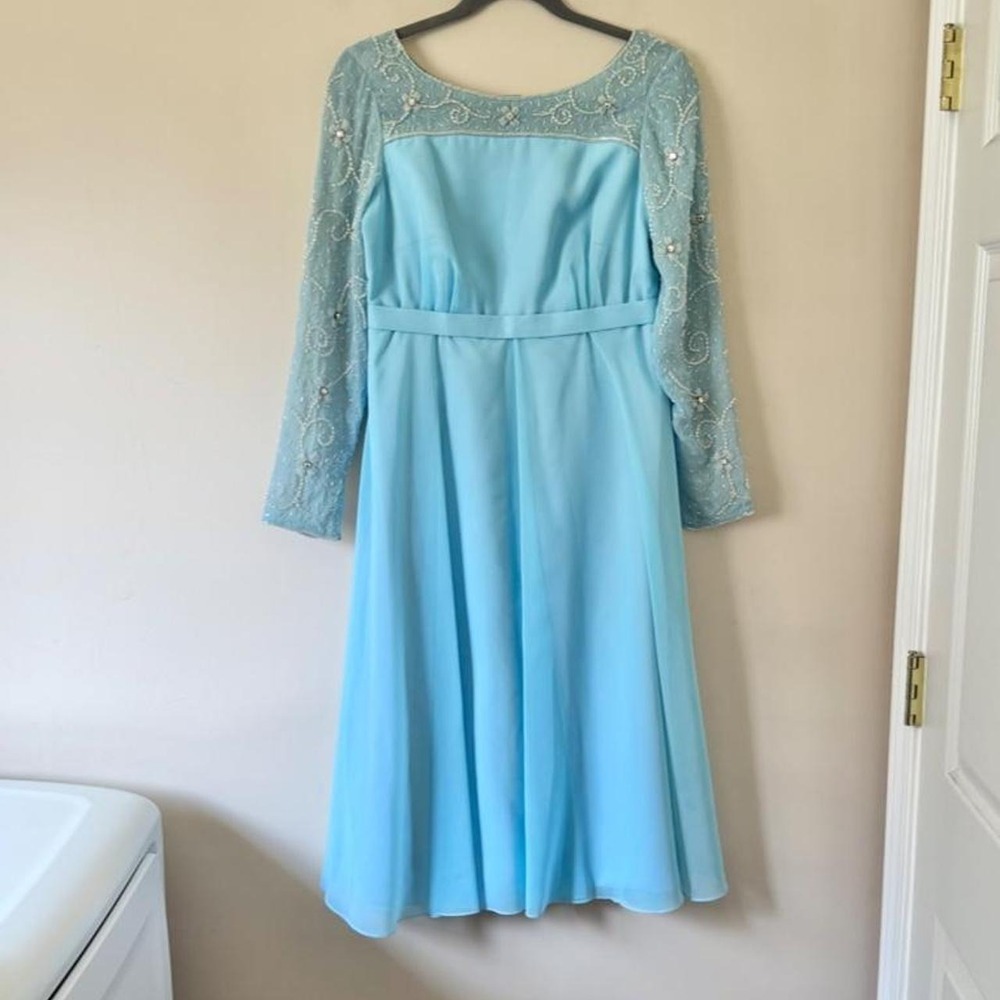 Vintage 60s Blue Beaded Long Sleeve Dress Empire Cocktail Formal Party Hostess